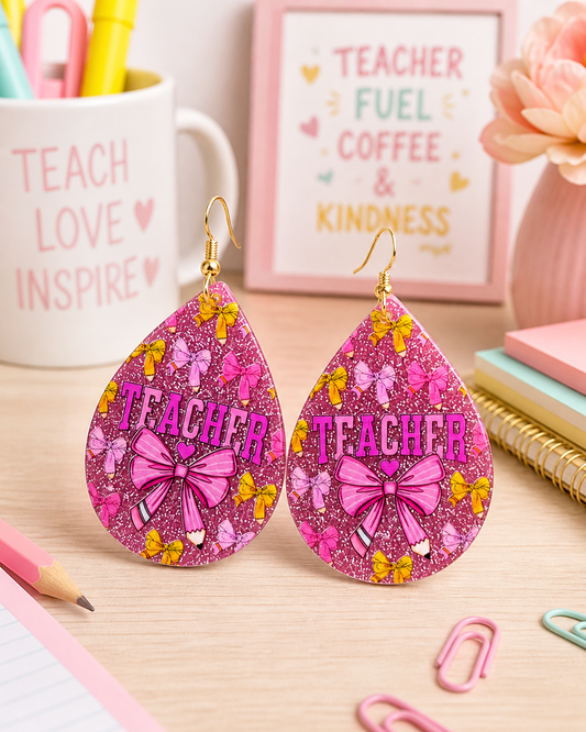 Pink Croquette Teacher Teardrop Earrings