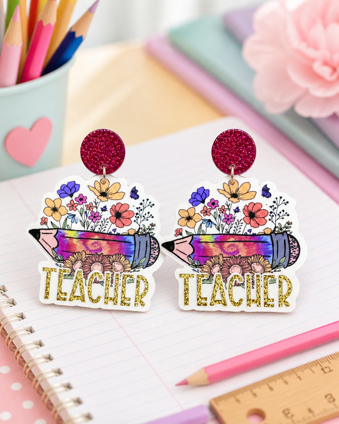 Floral Teacher Pencil Earrings