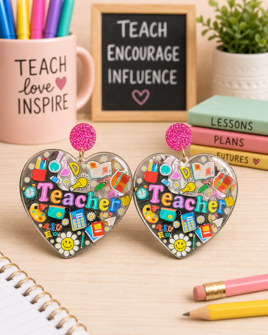 Heart Teacher School Supplies Earrings