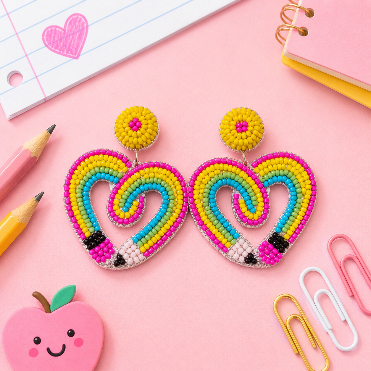 Beaded Colorful Pencil Heart Earrings