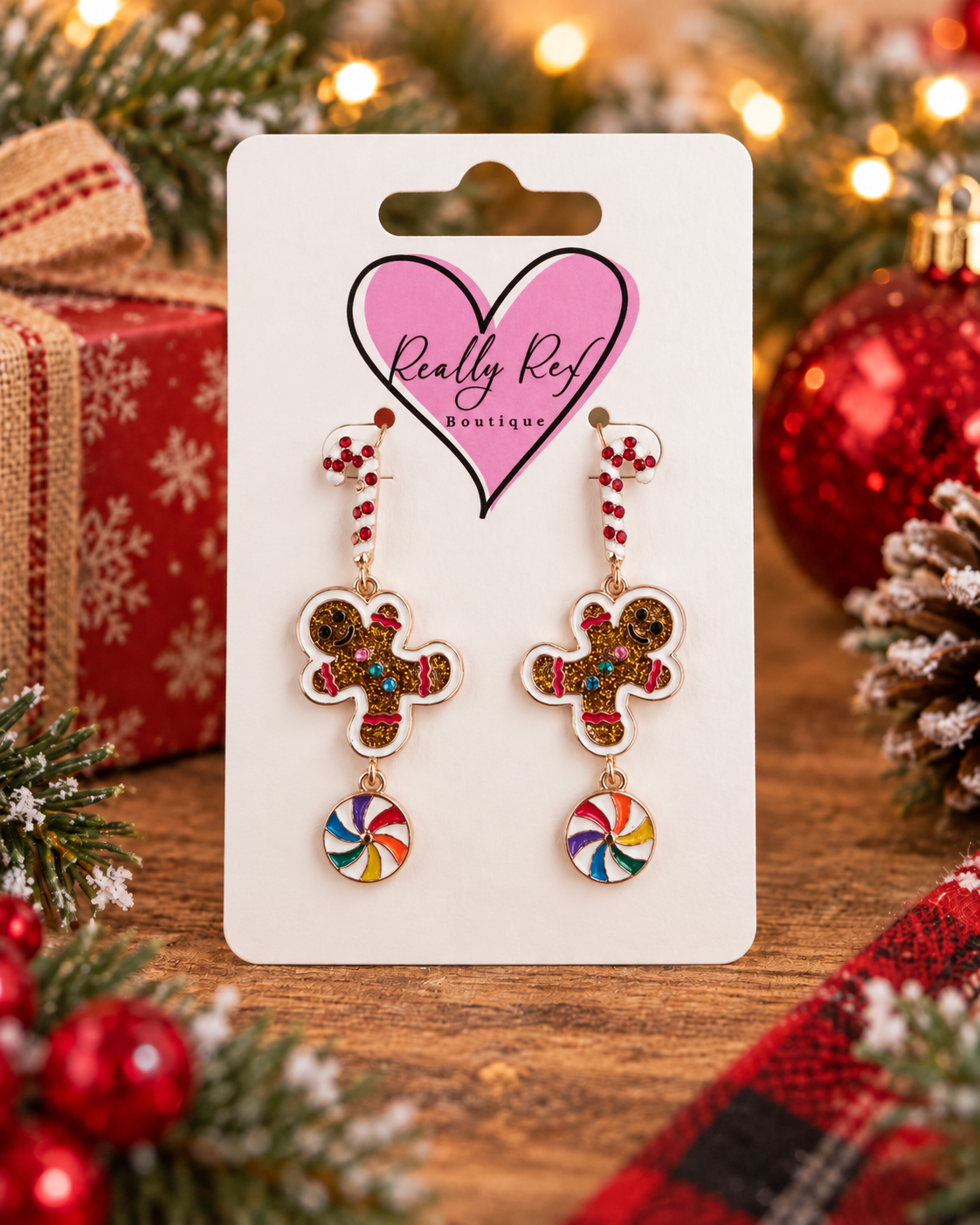 Candy Cane Gingerbread Dangle Earrings