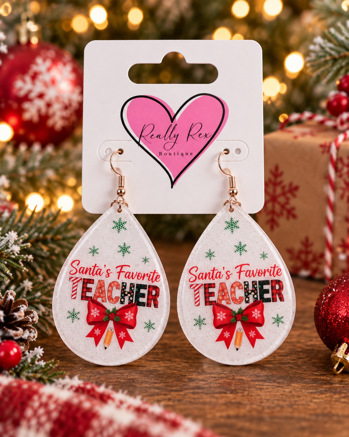 Santa's Favorite Teacher Teardrop Earrings