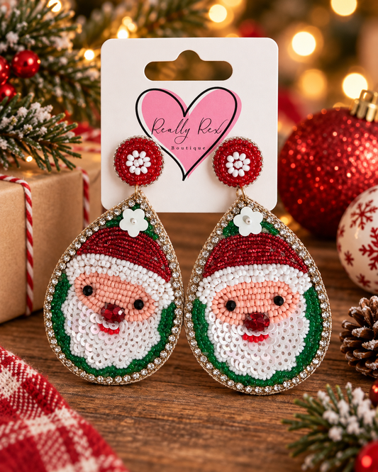 Beaded Sequin Santa Teardrop Earrings