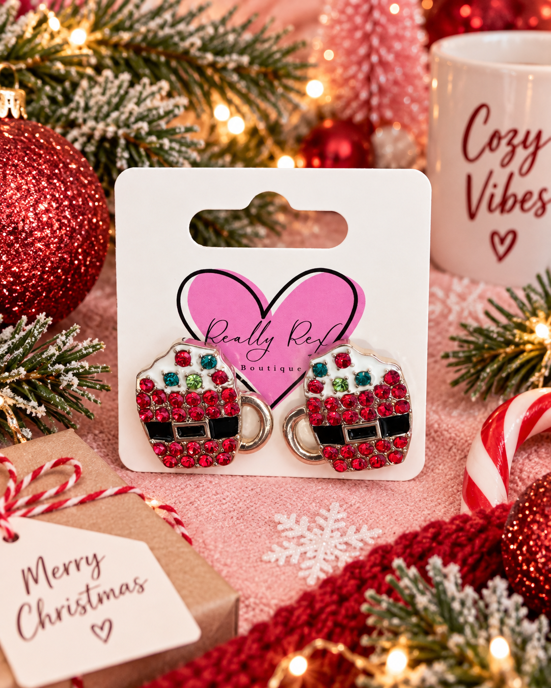Rhinestone Santa Mug Stud Earrings
