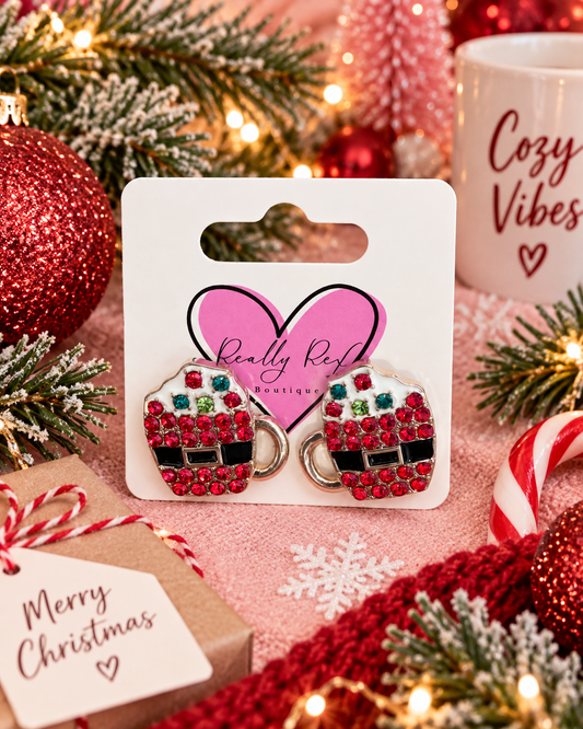 Rhinestone Santa Mug Stud Earrings