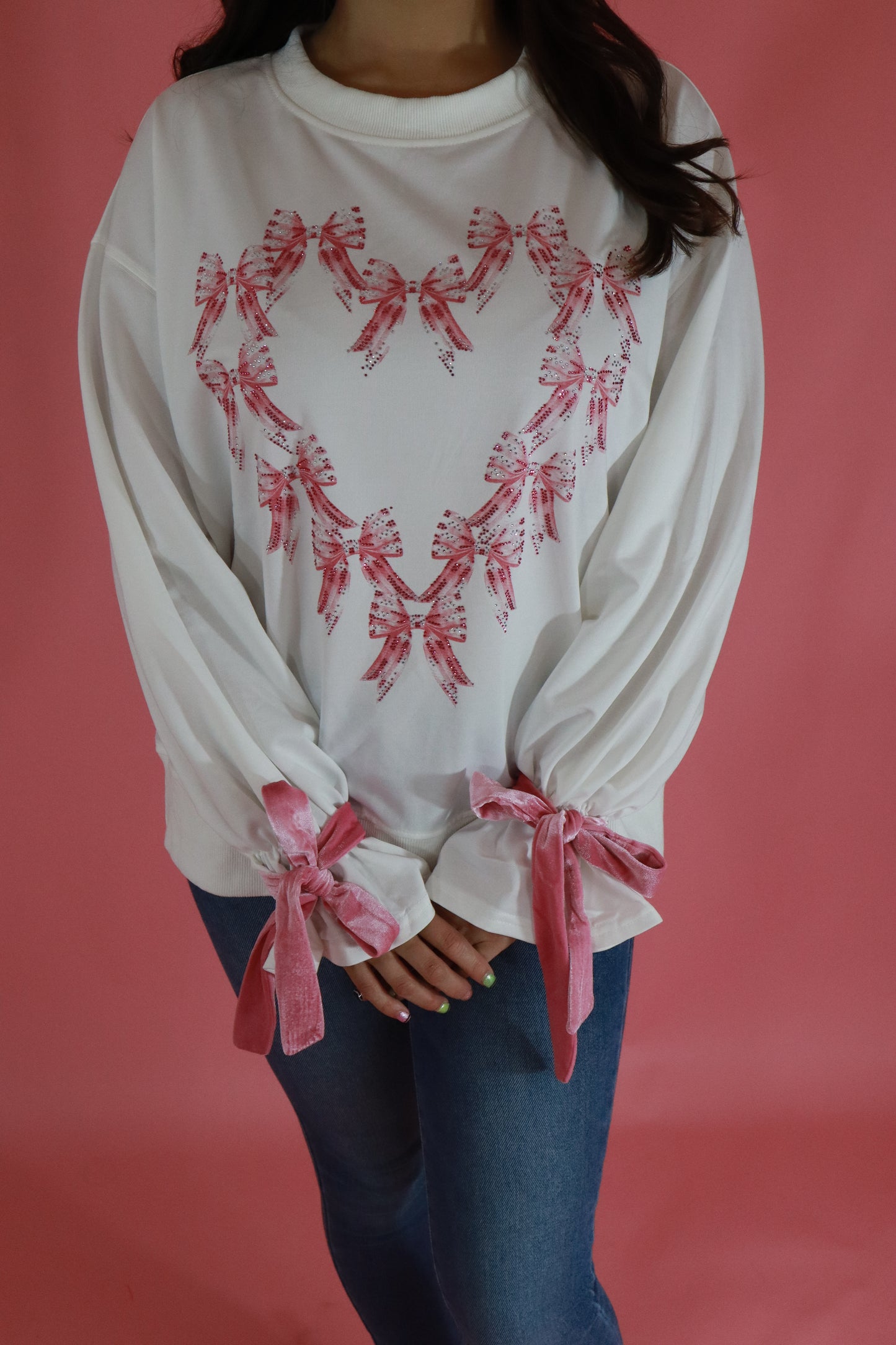 Rhinestone Heart Bow Sweatshirt