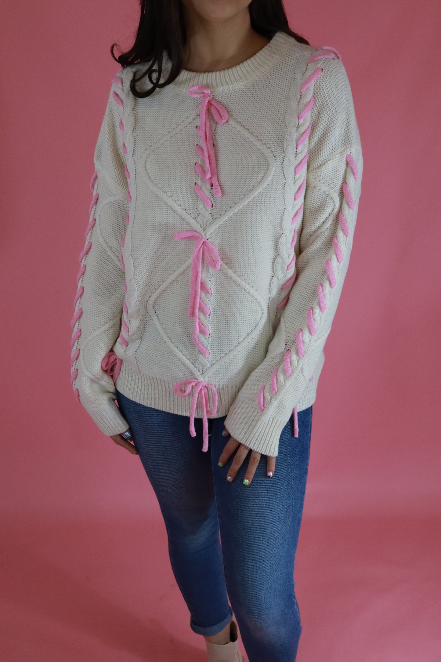 Cream and Pink Tie Bow Sweater