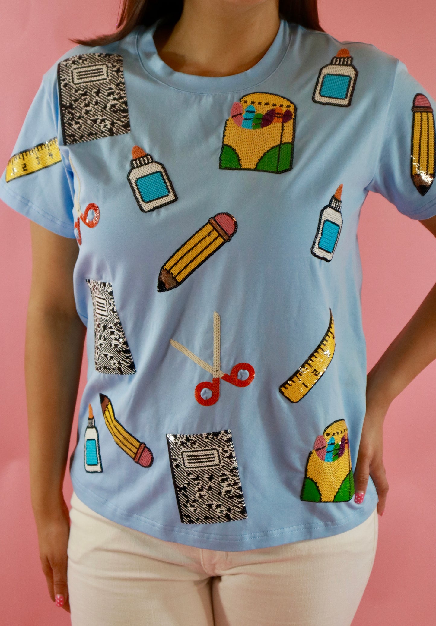 Light Blue Sequin School Supply Top