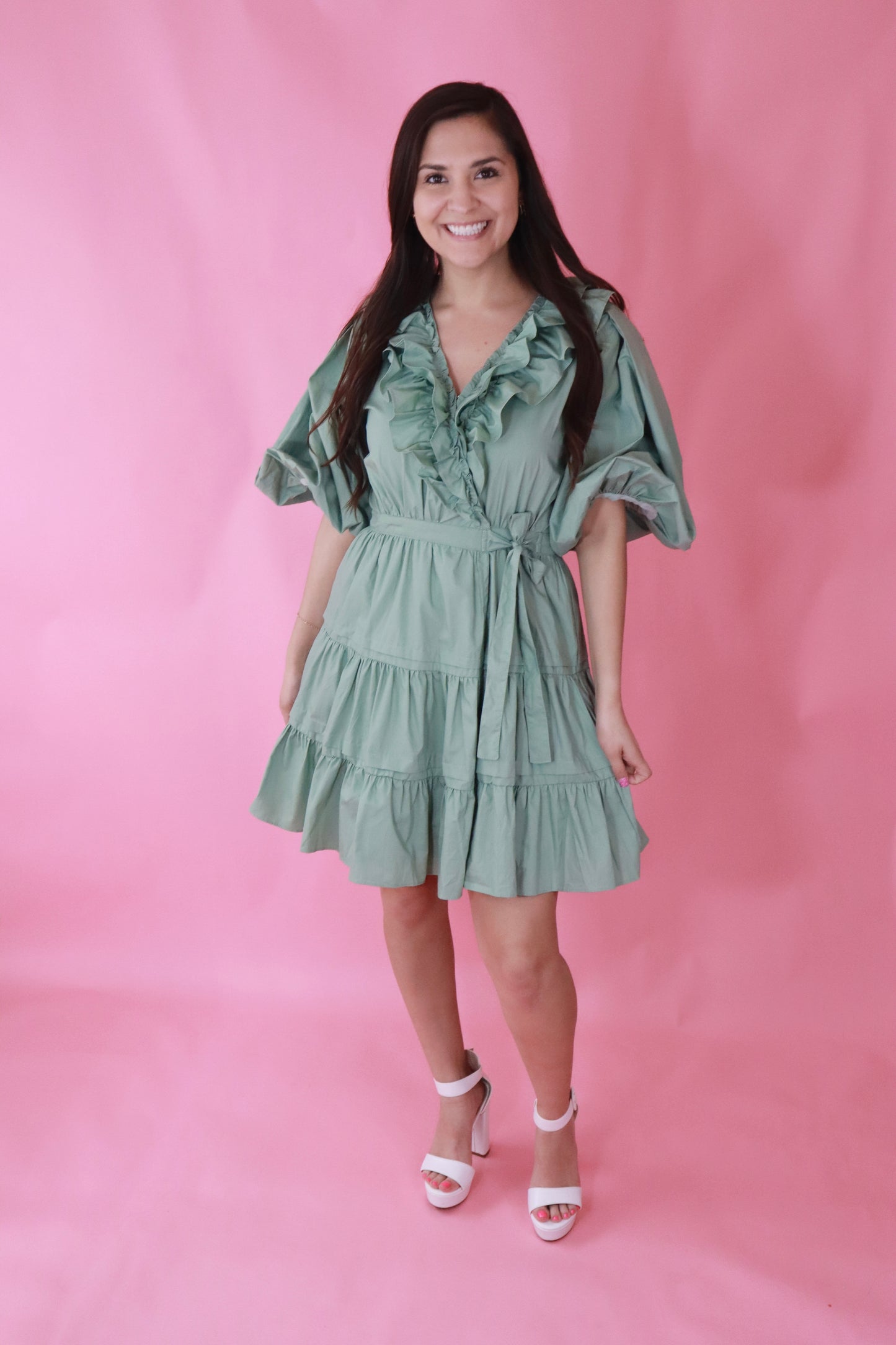 Sage Tiered Wrap Mini Dress