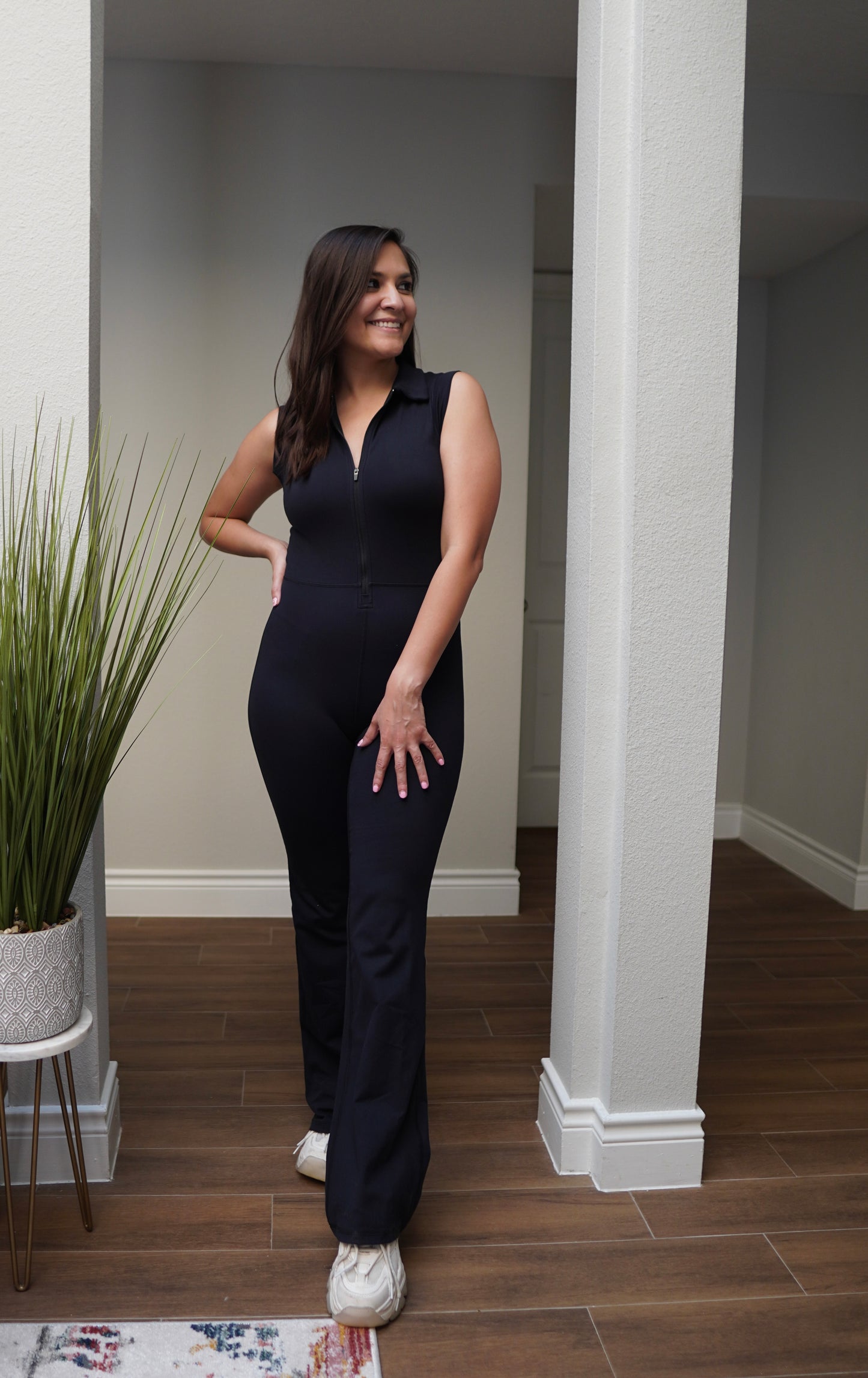 Half Zip Flared Black Jumpsuit