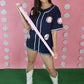 Navy Button Down Sequin Baseball Top