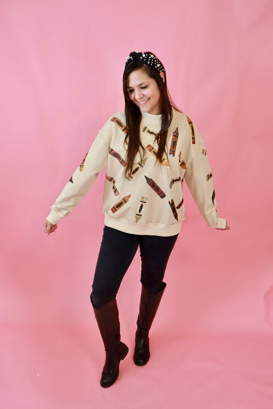 Sequin MultiColor Crayon Mock Neck Sweatshirt
