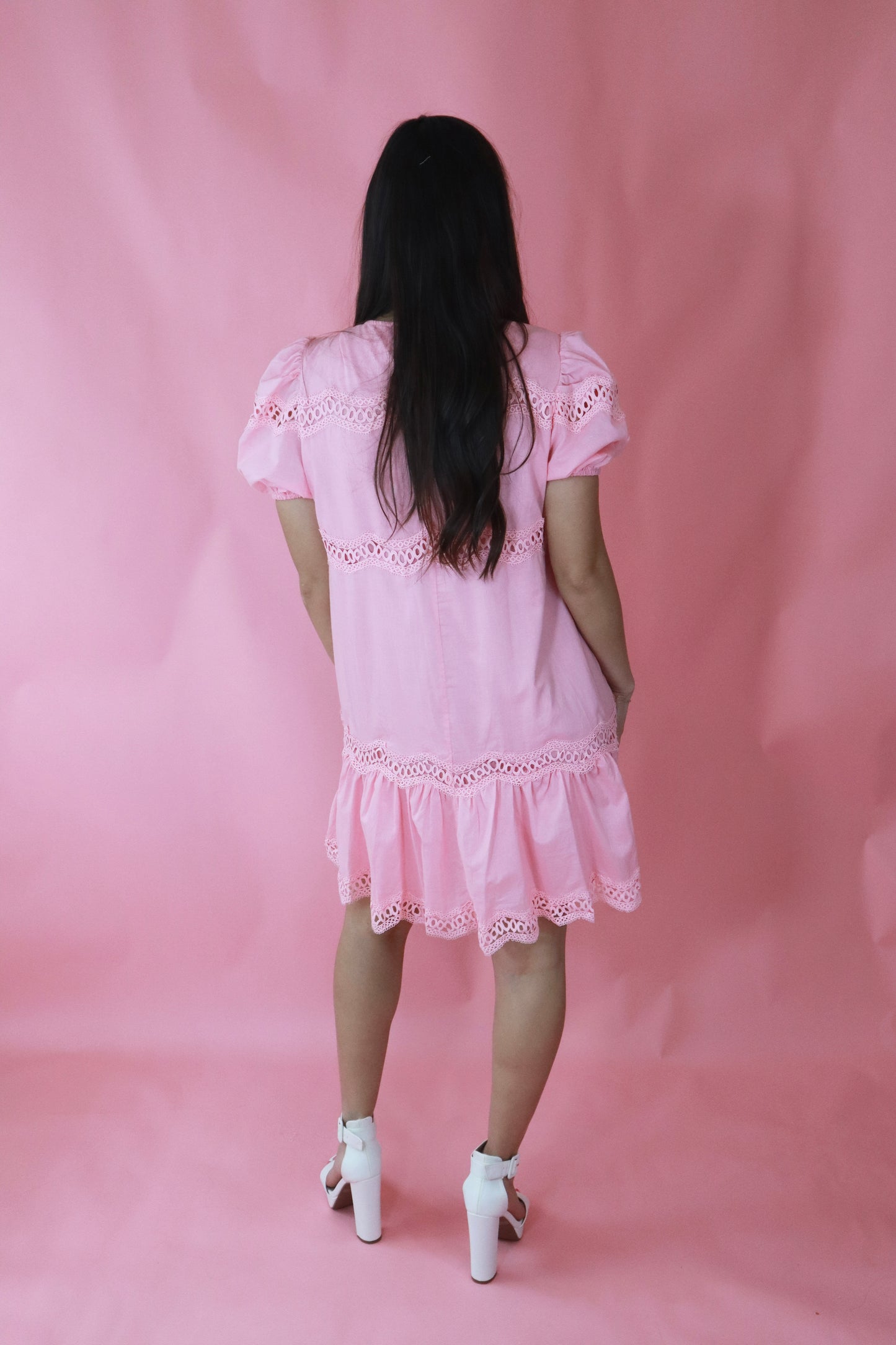 Pink Puff Sleeve Lace Insert Dress