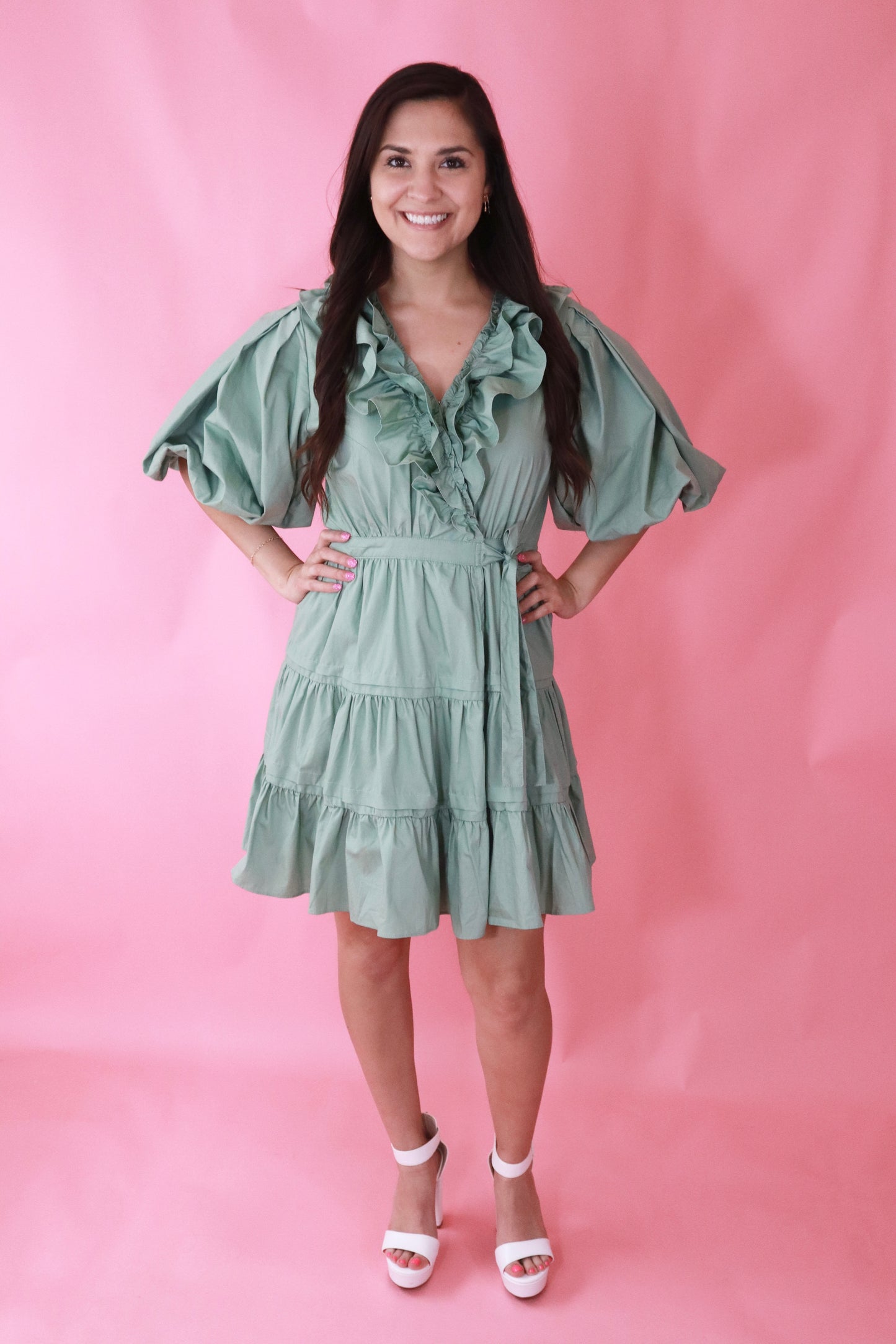 Sage Tiered Wrap Mini Dress