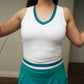 V- Neck White and Teal Color Block Tank