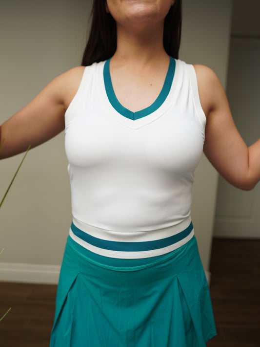 V- Neck White and Teal Color Block Tank