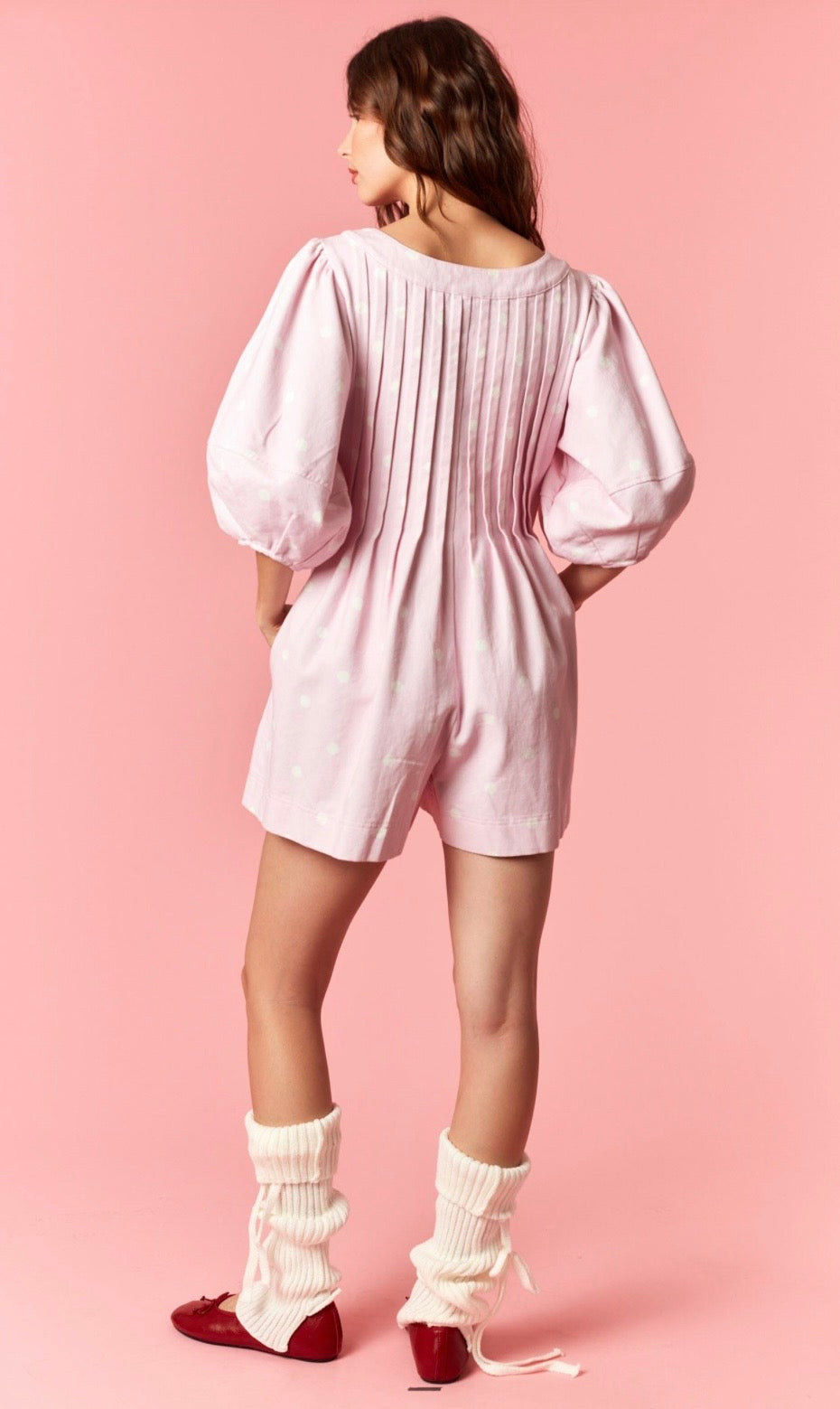 Pink Denim Polka Dot Flared Romper
