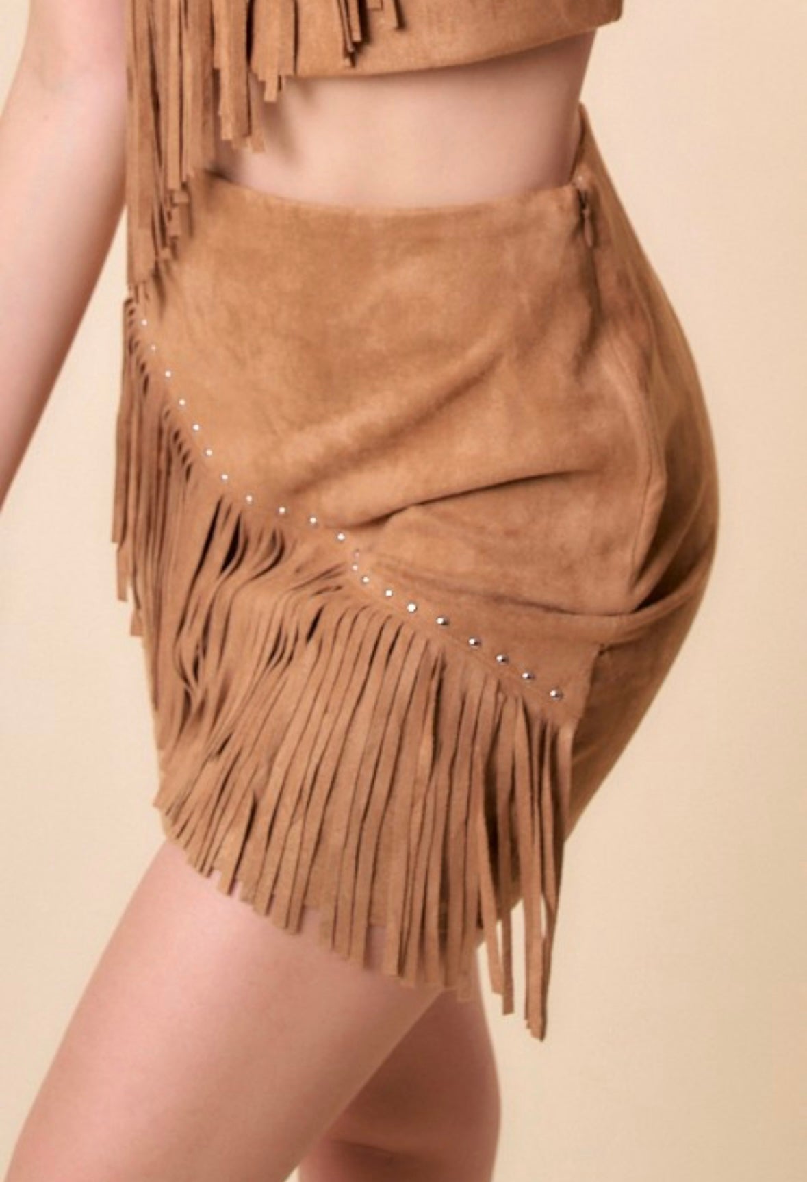 Camel Suede Fringe Skirt