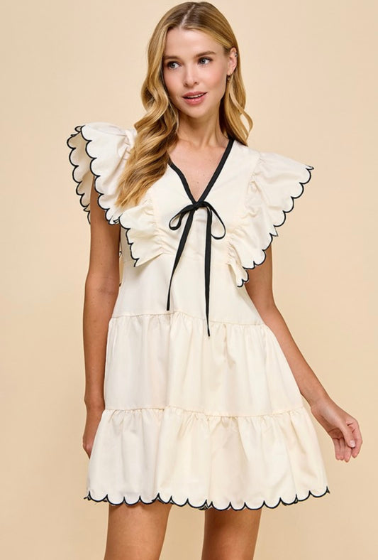 V Neck Bow Detailed Scalloped Dress