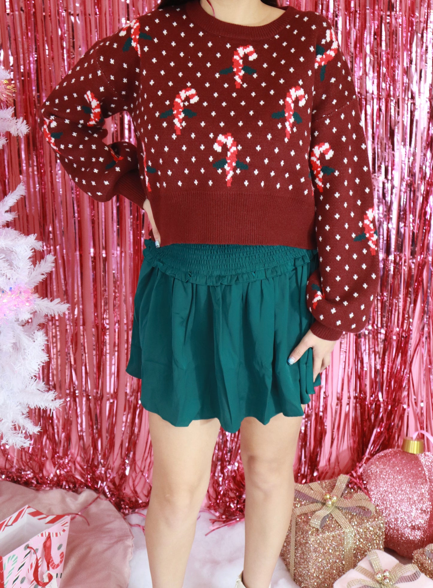 Maroon Candy Cane Crop Sweater