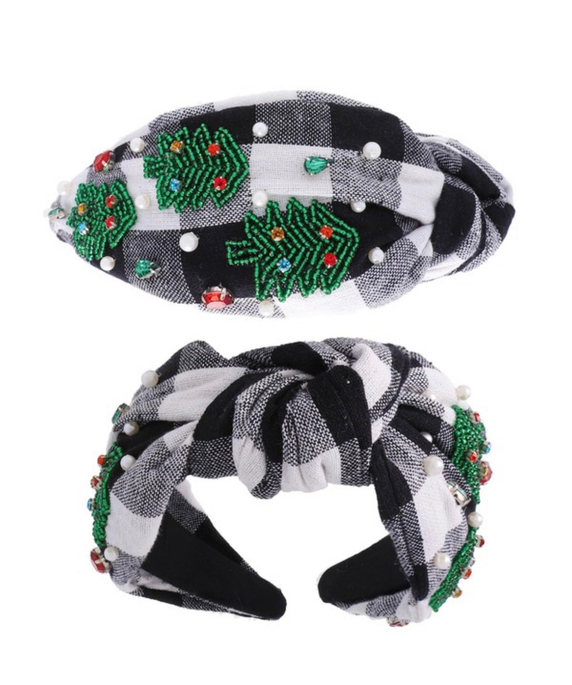 Plaid Knot Headband with Beaded Tree