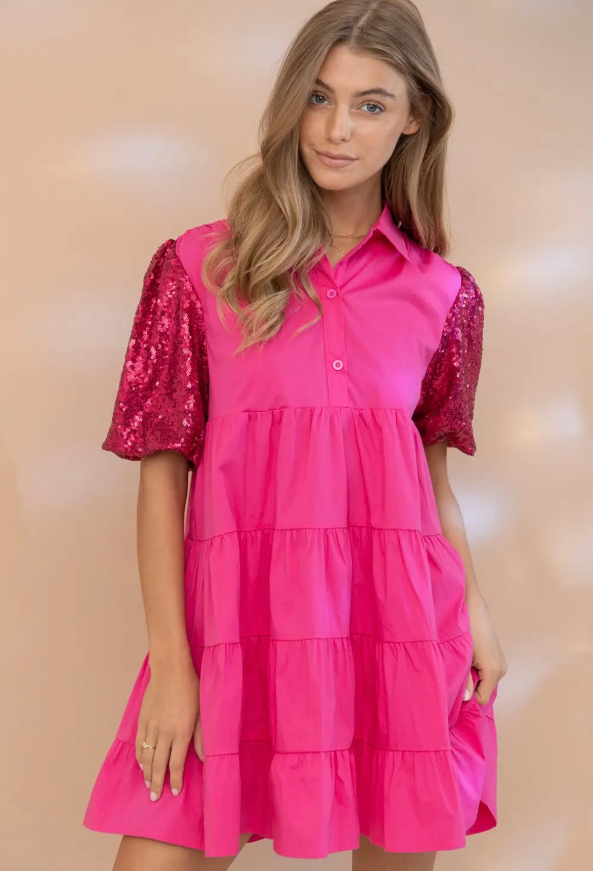 Pink Sequin Sleeve Dress