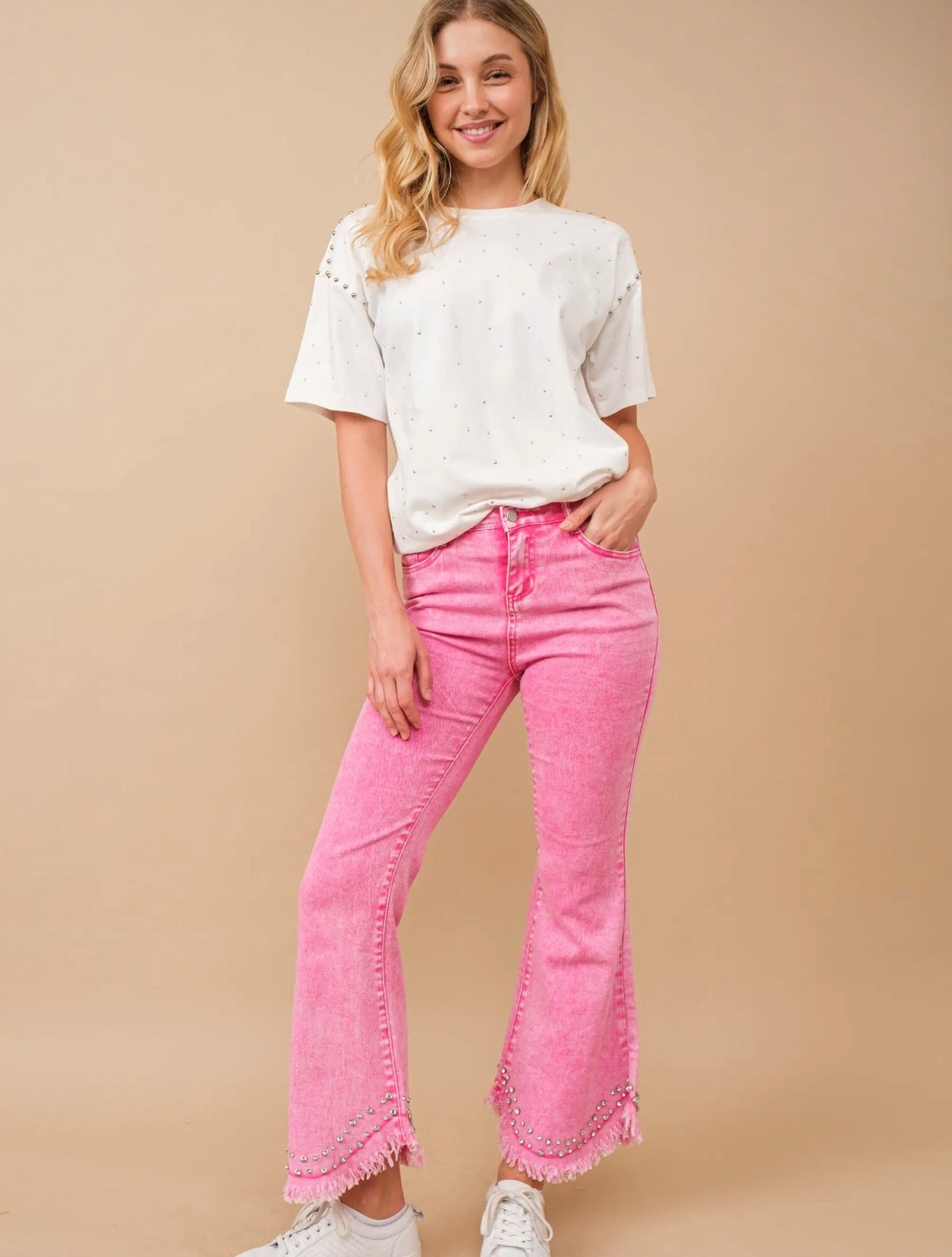 Pink Rhinestone Detailed Denim Pants