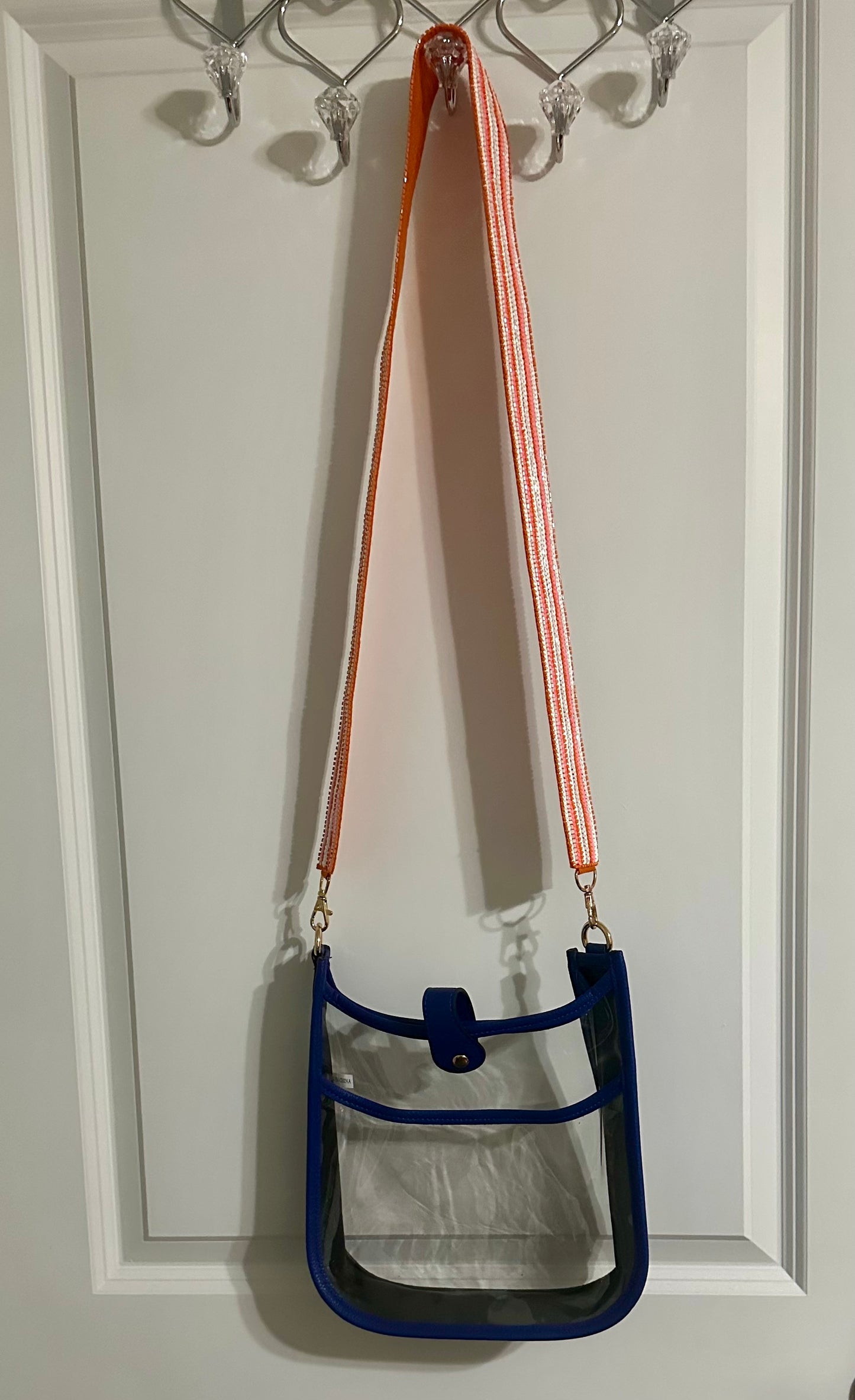 Clear Game day Bag with Blue Trim With Orange Sequin Strap