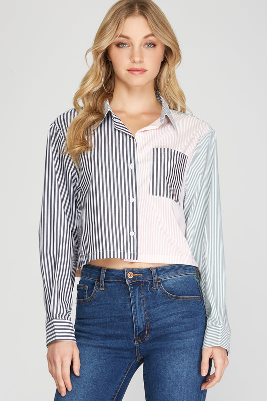 Long Sleeve Striped Multi Color Cropped Shirt