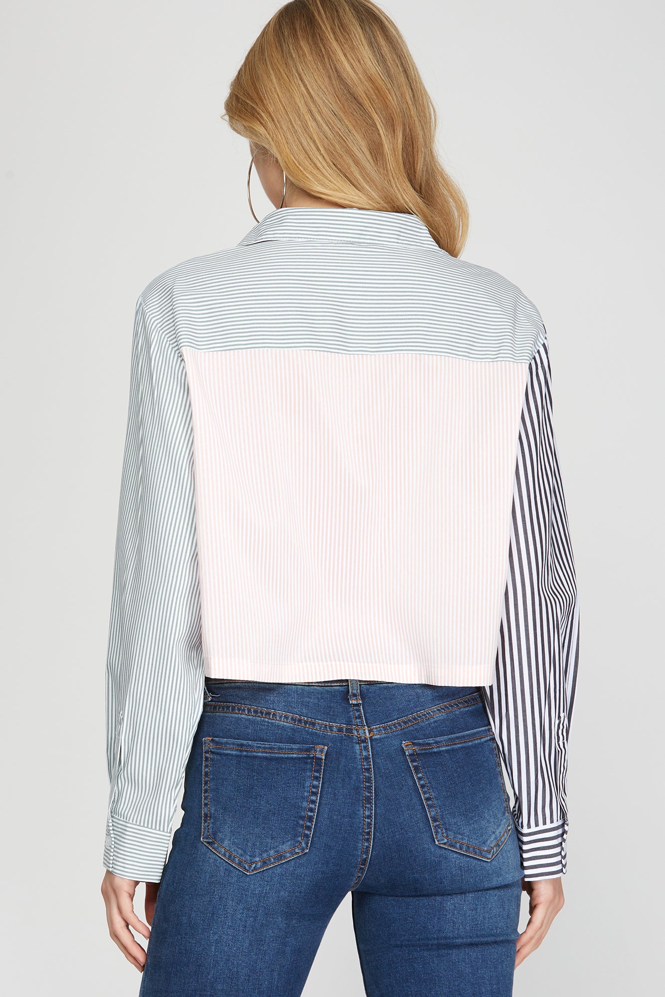 Long Sleeve Striped Multi Color Cropped Shirt