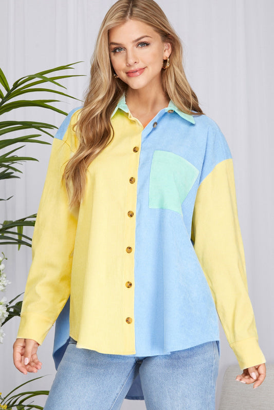 Long Sleeve Color Block Button Down Shirt