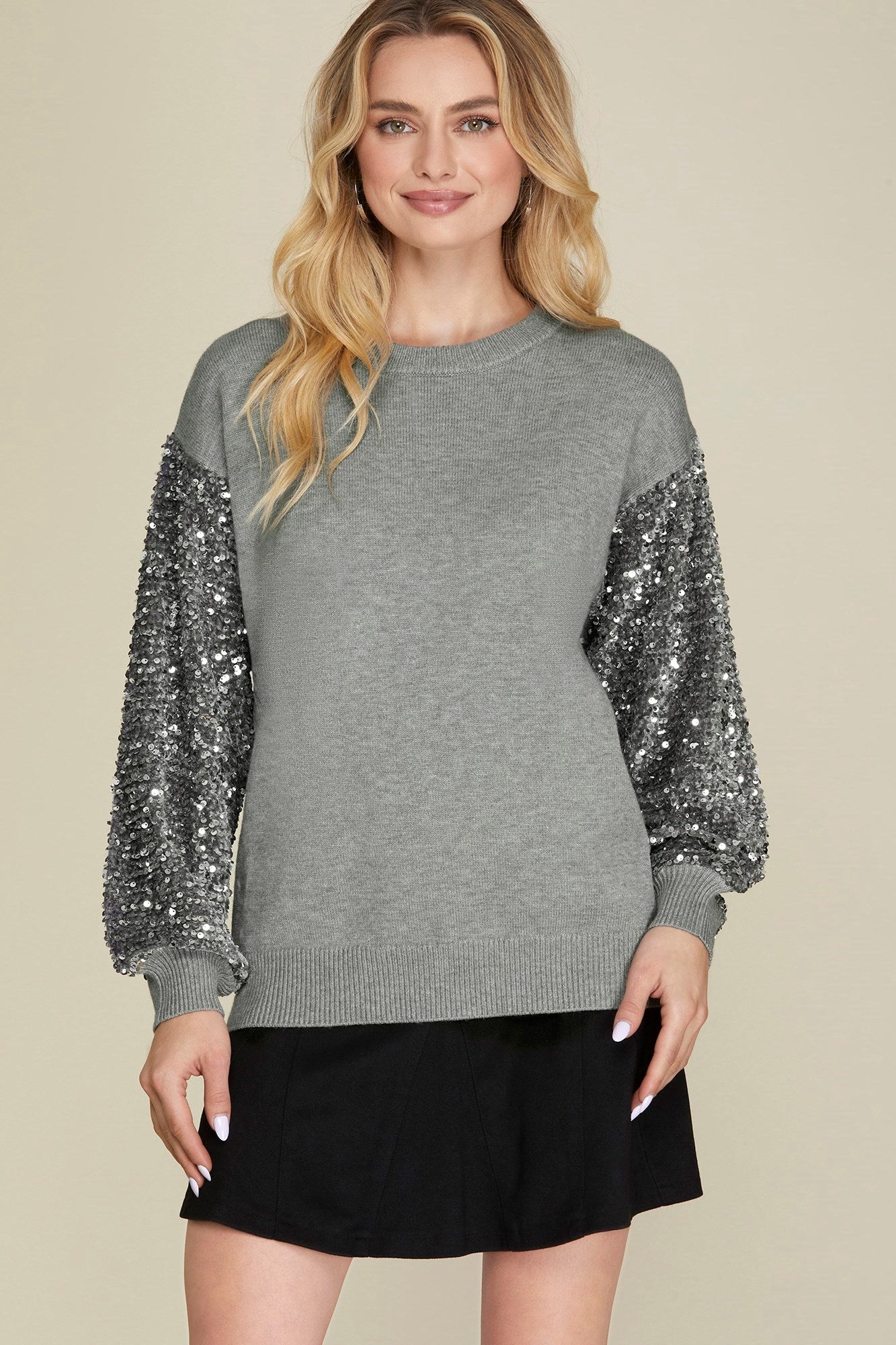 Grey Sequin Sleeve Sweater