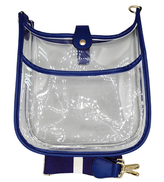 Clear Game day Bag with Blue Trim With Orange Sequin Strap