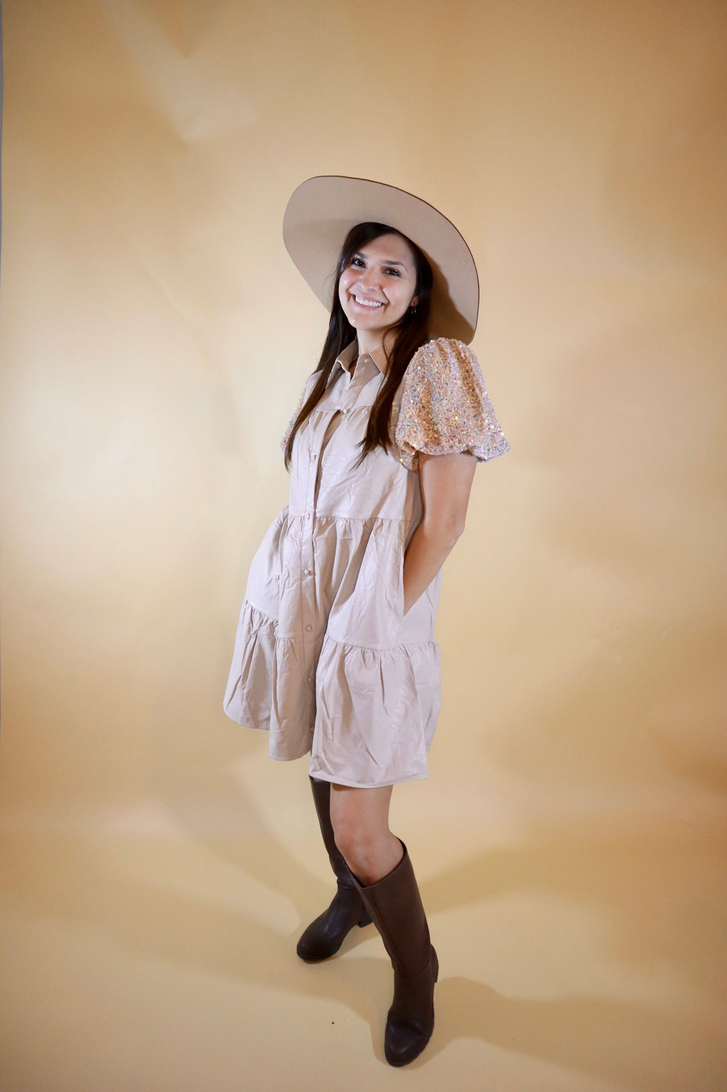 Beige Faux Leather Dress with Sequin Puff Sleeves