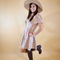 Beige Faux Leather Dress with Sequin Puff Sleeves