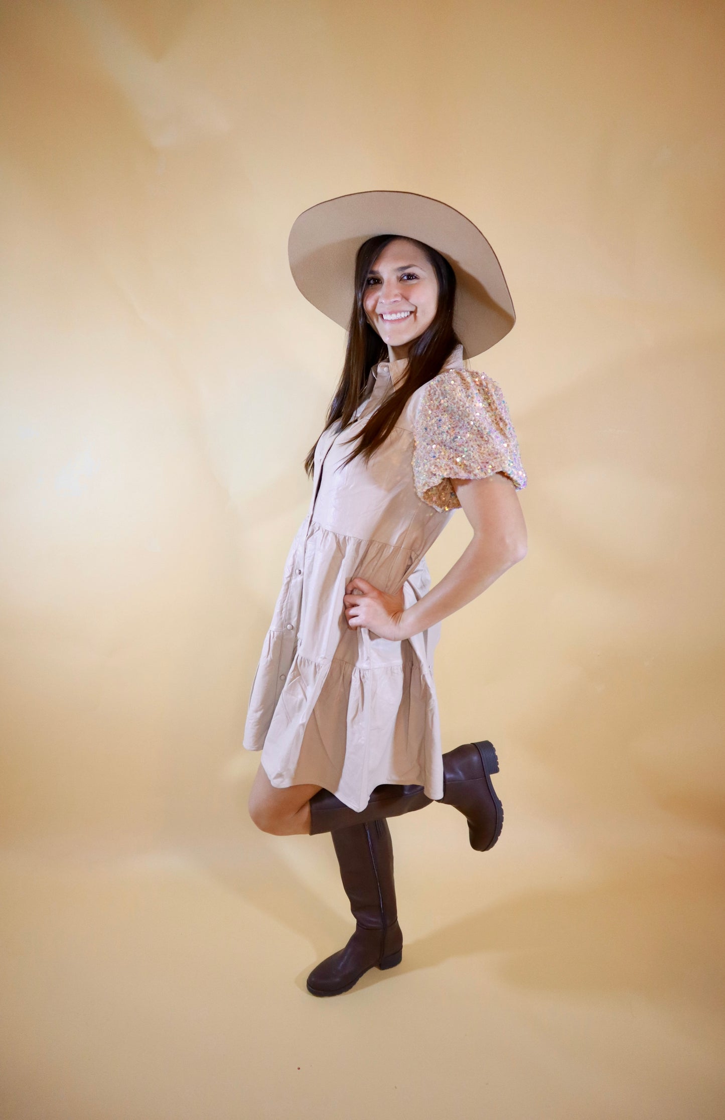 Beige Faux Leather Dress with Sequin Puff Sleeves