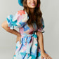 Abstract Floral Mini Dress with Puff Sleeves