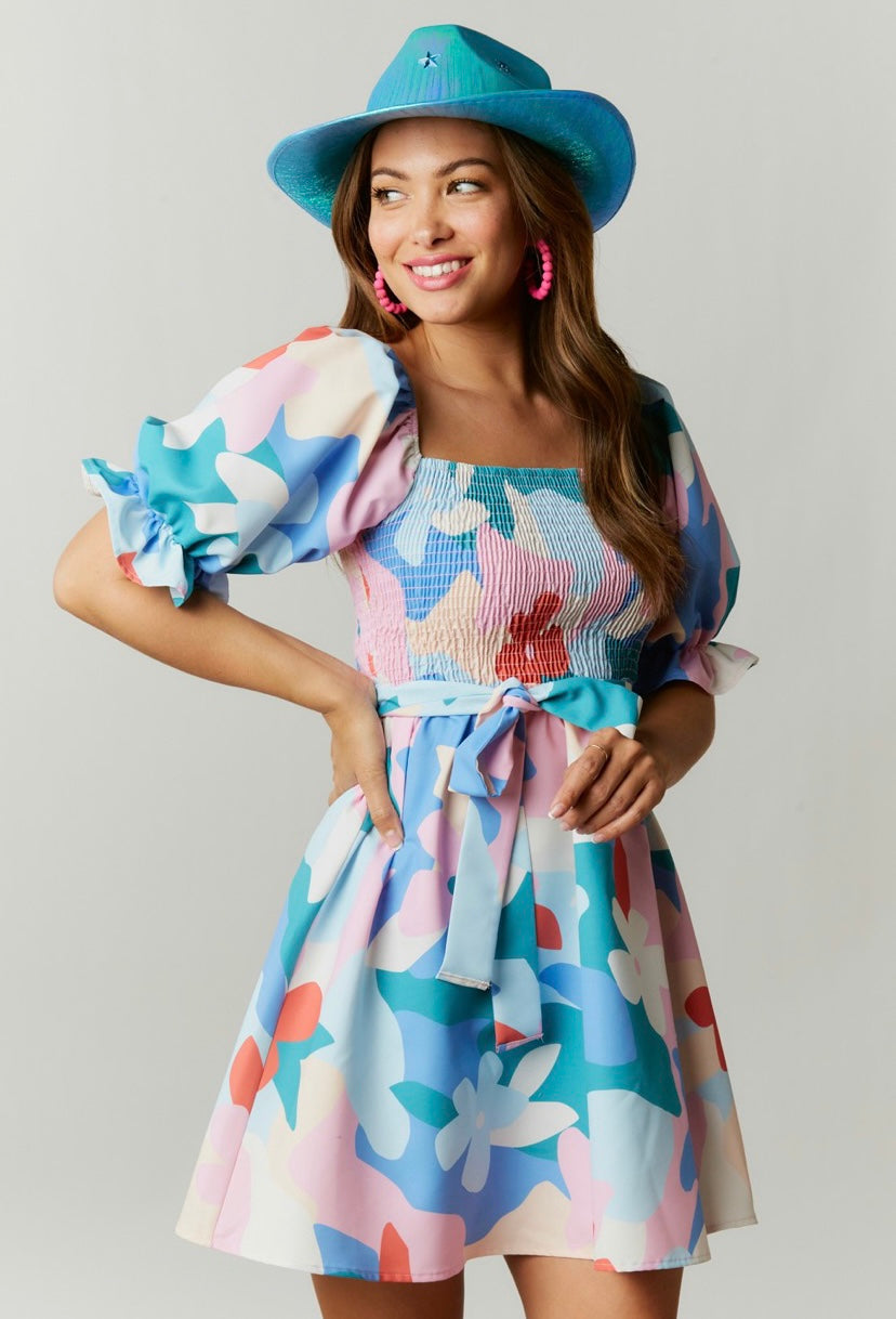 Abstract Floral Mini Dress with Puff Sleeves