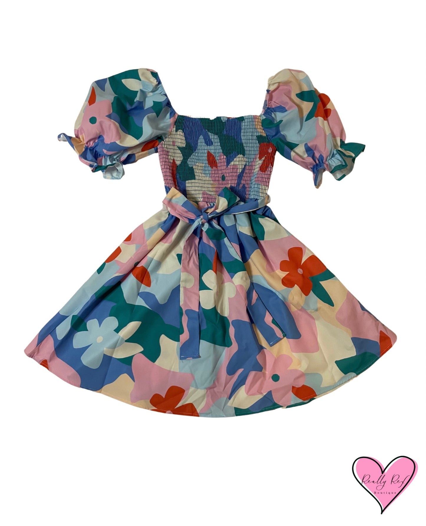 Abstract Floral Mini Dress with Puff Sleeves