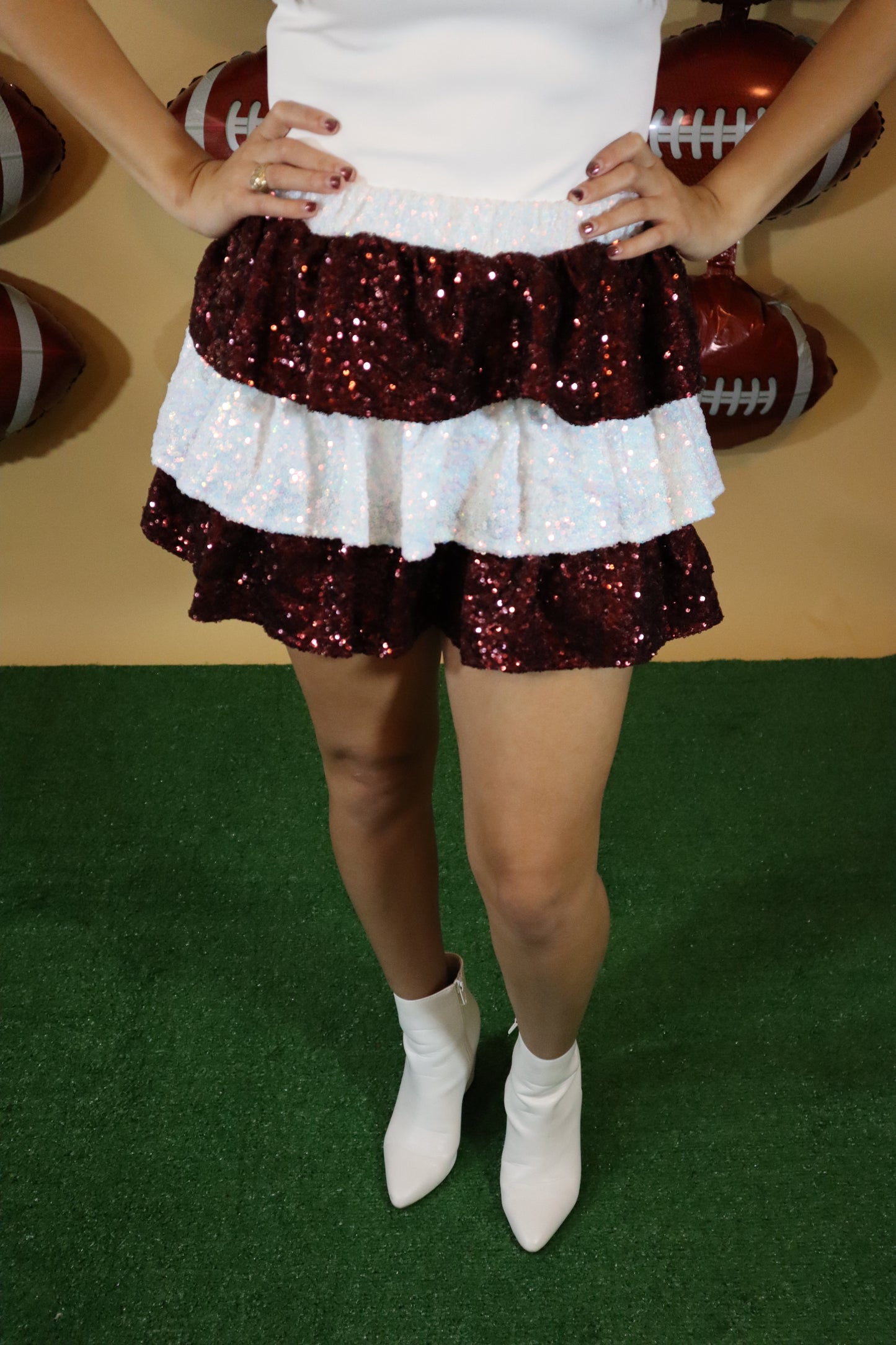 Sequin Tiered Maroon and White Skort